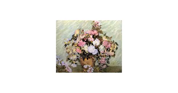 Martwa natura van Gogha: bukiet róż w wazonie, pełen pastelowych barw i dynamicznych pociągnięć pędzla.
