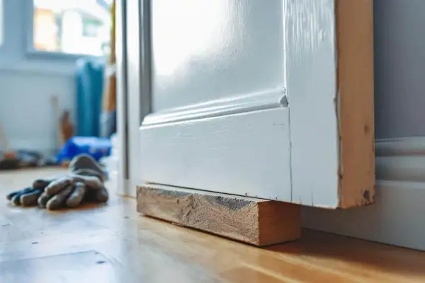 Un bloc de bois soutient une porte blanche pour la raboter. Des gants de travail sont posés au sol.