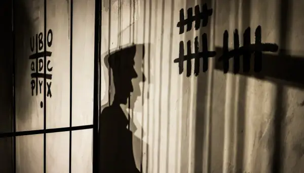 Shadows cast by bars and a figure on a wall with tally marks and letters. This image illustrates how to avoid shadows in indoor photography by using them creatively.