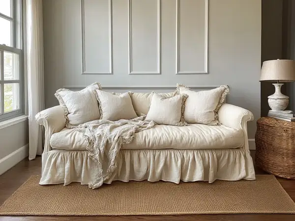 Przytulne wnętrza w stylu shabby chic: kremowa kanapa z falbaną, lniane poduszki i pled.