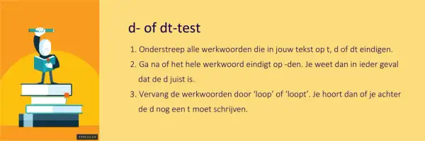 Een schema voor werkwoordspelling, met instructies voor de d- of dt-test. Een figuur leest een boek bovenop een stapel boeken.