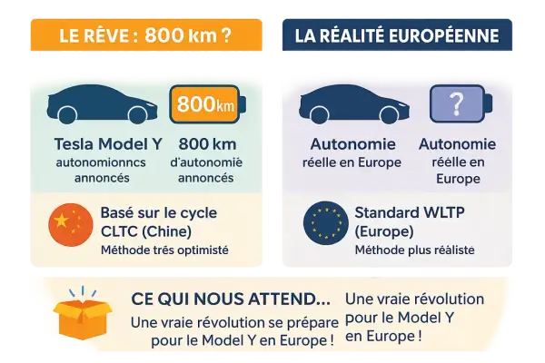 Comparaison Tesla Model Y : rêve 800km (Chine) vs réalité européenne (WLTP). L'autonomie réelle en Europe est plus modeste.