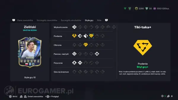 Karta zawodnika Piotra Zielińskiego z atrybutami i stylem gry "Tiki-taka+", idealna do precyzyjnych podań.