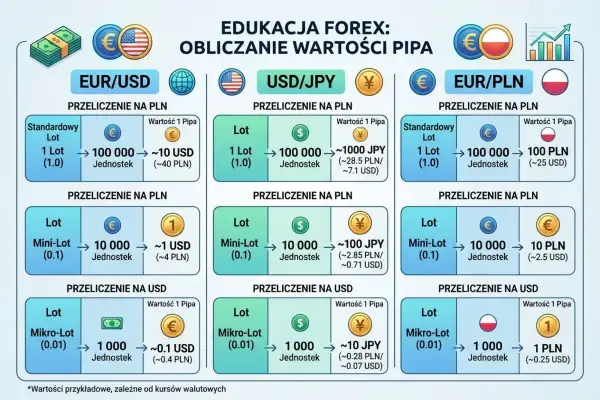 Wykres edukacyjny Forex pokazuje, co oznacza skrót PLN w kontekście przeliczeń na złotówki dla par walutowych EUR/USD, USD/JPY i EUR/PLN.