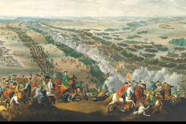 Stridande arméer i en vidsträckt slätt, med kavalleri i förgrunden. Karl XII leder sina trupper i en avgörande strid.