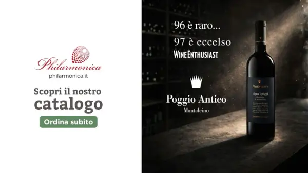 Bottiglia di vino Poggio Antico, un vino tipico di Verona, con etichetta "vigna i poggi". Scopri il catalogo Philarmonica.
