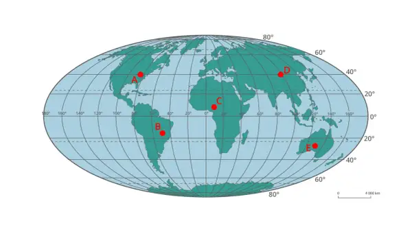 Mapa świata z zaznaczonymi punktami A-E, ilustrująca różne kierunki świata i położenie geograficzne.
