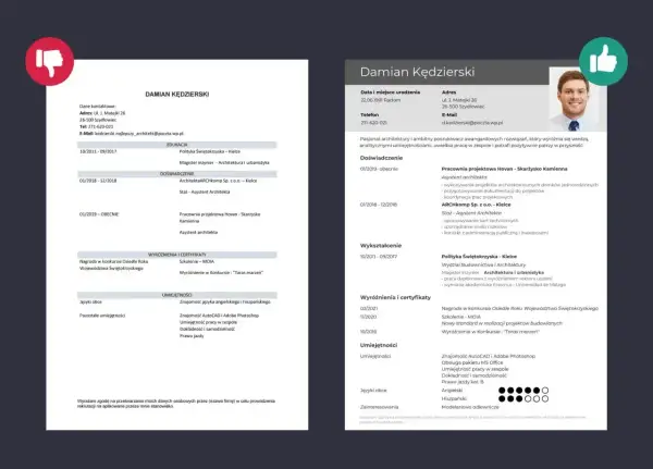 CV architekta Damiana Kędzierskiego, idealne do wysłania w mailu z CV. Zawiera dane kontaktowe, wykształcenie, doświadczenie, umiejętności i certyfikaty.