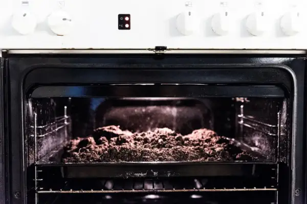 An open oven with a baking tray filled with soil on the rack.