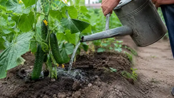 Ręka podlewa ogórki z konewki. Właściwe nawadnianie to klucz do obfitych plonów.