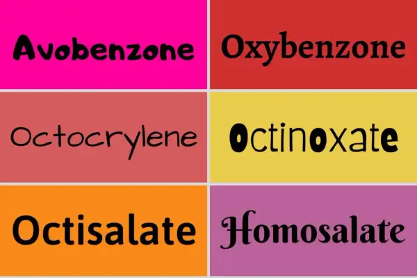 Sześć filtrów UV: Avobenzone, Oxybenzone, Octocrylene, Octinoxate, Octisalate, Homosalate. Zwróć uwagę na potencjalną szkodliwość octocrylene.