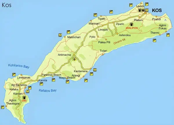 Mapa wyspy Kos z zaznaczonymi drogami, plażami i miejscowościami. Idealna do planowania zwiedzanie samochodem.