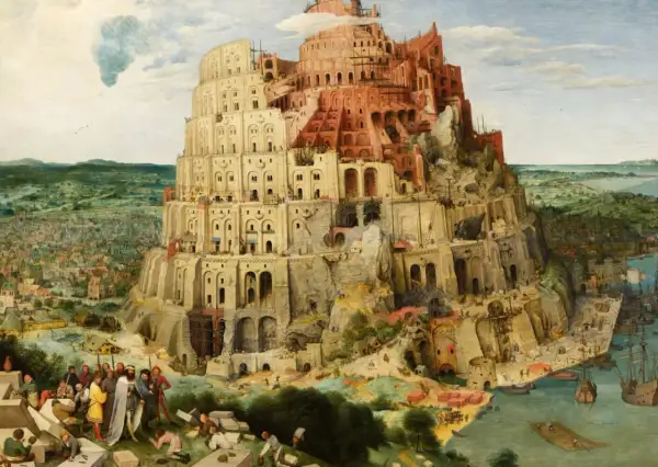 Monumentalna wieża Babel w budowie, z licznymi robotnikami i statkami w porcie.