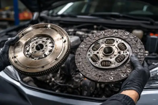 Un mécanicien tient un volant moteur et un disque d'embrayage usagés. Faut-il changer le volant moteur avec l'embrayage ?