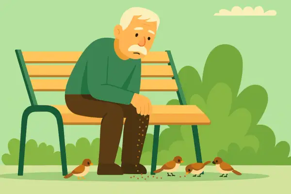 Een eenzame man op een bankje, die zaadjes strooit voor vogels. Hij lijkt te willen **graag alleen zijn**, maar de vogels zoeken toch zijn gezelschap.