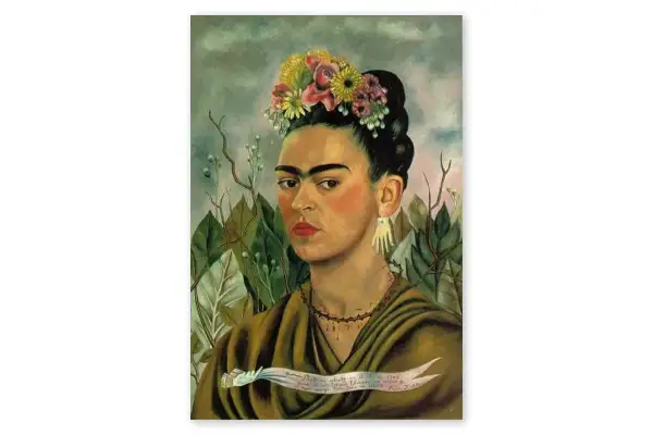 Self-portrait by Frida Kahlo, a renowned artist like Frida Kahlo, adorned with flowers and a thorny necklace, holding a ribbon with text.