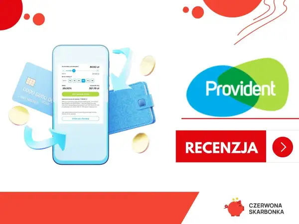 Czy Provident sprawdza BIK? Na ekranie telefonu widać symulację pożyczki. Obok logo Provident i przycisk "Recenzja".
