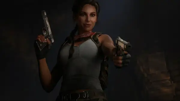 Lara Croft z pistoletami, gotowa do akcji w mrocznych ruinach. Ten **Tomb Raider Underworld poradnik** pomoże Ci przetrwać!