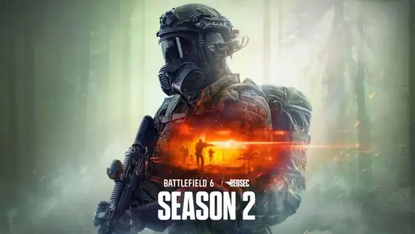 Soldat mit Gasmaske und Waffe, im Hintergrund eine brennende Szene. Battlefield 6 Season 2.