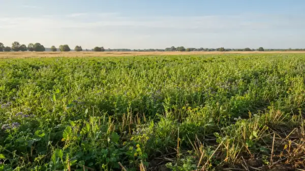 Zielone pole z kwitnącym poplonem pod kukurydzę, w tle złote łany zboża i drzewa.