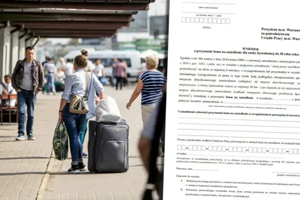 Wniosek o bon na zasiedlenie 2025. Osoby z bagażami czekają na dworcu, gotowe na nowy start.
