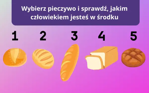 Wybierz pieczywo i sprawdź, jakim człowiekiem jesteś w środku. 5 rodzajów chleba: bułka, bochenek, bagietka, chleb tostowy, chleb razowy.