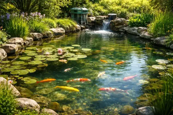 Ein idyllischer Gartenteich mit Seerosen und bunten Koi-Karpfen. Wo sind nur alle Fische aus dem Teich verschwunden?