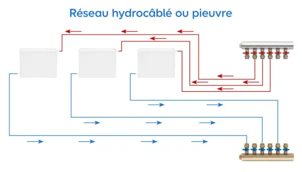 Schéma d'un réseau hydrocâblé ou pieuvre pour un circuit de chauffage central, montrant les radiateurs et les collecteurs.