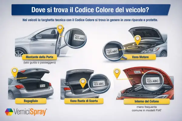 Guida per trovare il codice di un colore auto: montante porta, vano motore, bagagliaio, vano ruota di scorta e interno cofano.