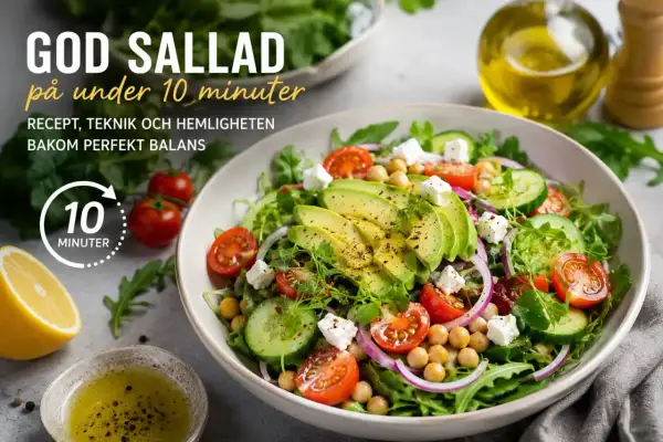 En fräsch grekisk sallad med avokado, tomat, gurka och kikärtor, klar på under 10 minuter.