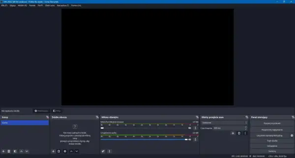 OBS Studio pokazuje, jak nagrywać ekran na komputerze. Widzisz panel sterowania, mikser dźwięku i miejsce na źródła obrazu.