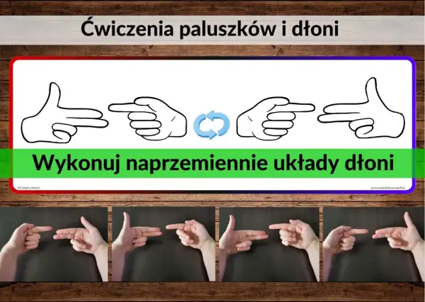 Ćwiczenie chwytu: naprzemienne układy dłoni, pokazane na rysunkach i zdjęciach.