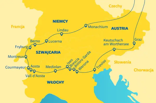 Mapa Europy z trasą przez Szwajcarię, Włochy, Austrię. Gdzie jest najtańsze złoto w Europie? Sprawdź trasę!