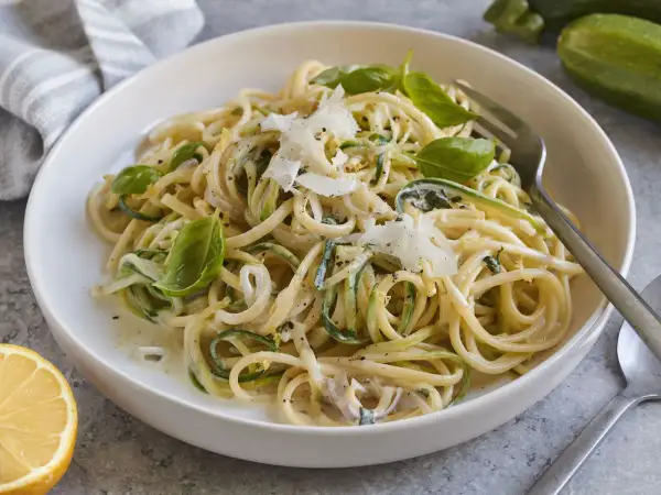 Zucchini-Zitronen-Pasta mit Basilikum und Parmesan. Eine leichte und frische Mahlzeit, perfekt für den Sommer.