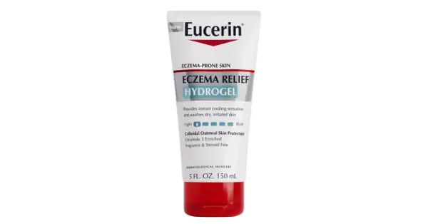 Biała tubka kremu Eucerin Eczema Relief Hydrogel z czerwonym zamknięciem.