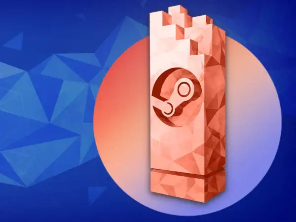Pomarańczowy, geometryczny blok z logo Steam na tle niebieskich trójkątów i okręgu.