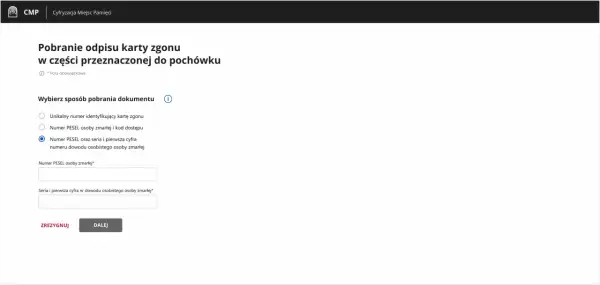 Formularz do pobrania odpisu karty zgonu. Wybierz, jak uzyskać duplikat karty zgonu: podając PESEL i serię dowodu zmarłej osoby.
