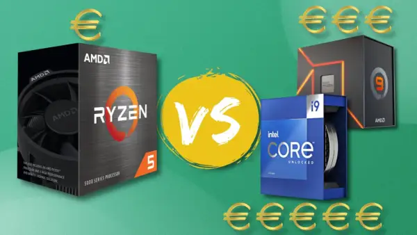 AMD Ryzen 5 5600X Test: Ein Vergleich mit Intel Core i9. Die Euro-Symbole deuten auf den Preisvergleich hin.