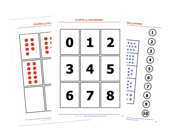 Tarjetas con números para repasar, puntos rojos y estrellas azules. Ideal para aprender las cantidades.
