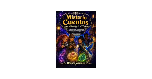 Ilustración de portada de "Misterio Cuentos", ideal para libros de misterio para niños de 10 a 12 años. Cuatro jóvenes detectives investigan pistas brillantes.