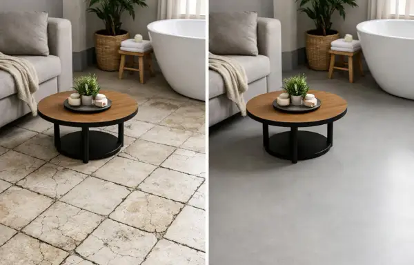 Avant/après : un sol carrelé vieilli transformé en une surface lisse et moderne grâce à une résine.