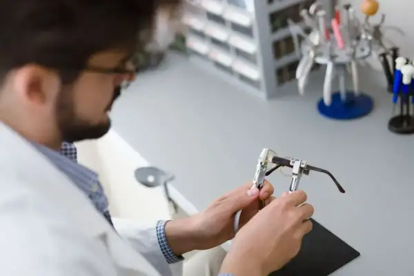 Optometrysta precyzyjnie naprawia okulary. Zastanawiasz się, ile kosztuje wymiana oprawek w okularach?