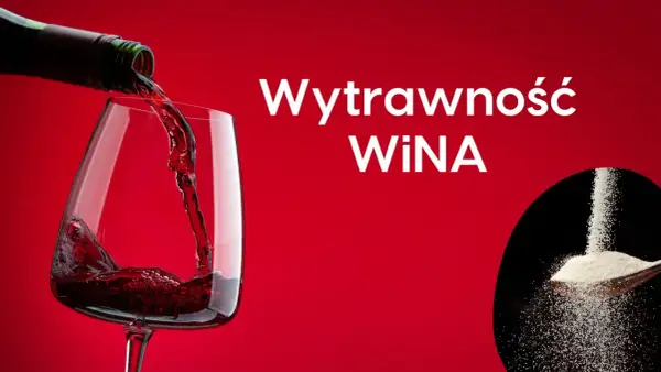 Czerwone wino nalewane do kieliszka. Obok łyżka z cukrem, ilustrująca, ile cukru ma wino wytrawne.