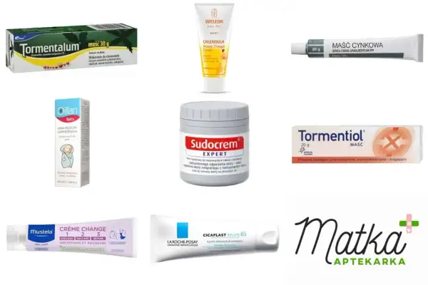 Kremy i maści na odparzoną pupę: Tormentalum, Oillan Baby, Sudocrem, Maść cynkowa, Tormentiol, Mustela Crème Change, La Roche-Posay Cicaplast.