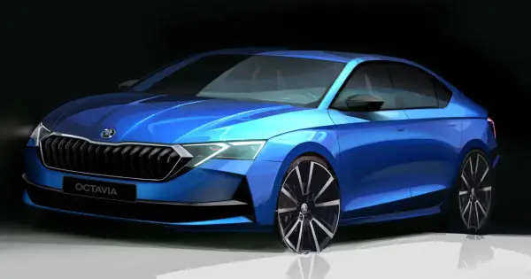 Niebieska Skoda Octavia w zbliżeniu, prezentująca nowy design przodu.