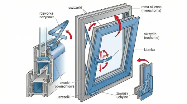 Ilustracja pokazuje mechanizm okna uchylnego. Zobacz, jak działa klamka i rozwórka nożycowa, by otworzyć okno uchylne.