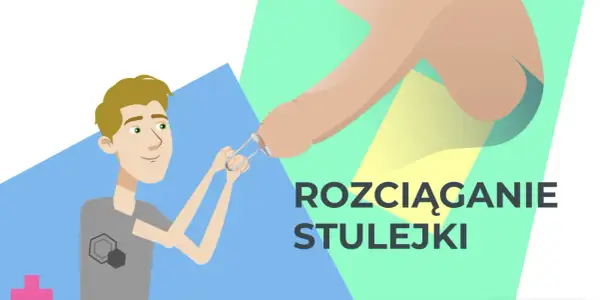 Ilustracja pokazuje, jak rozciągać napletek za pomocą specjalnego przyrządu. Młody mężczyzna z uśmiechem na twarzy trzyma narzędzie, które delikatnie naciąga skórę.
