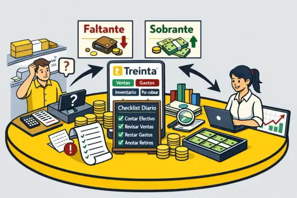 Ilustración muestra cómo emprender un negocio con un checklist diario para controlar ventas, gastos y efectivo.