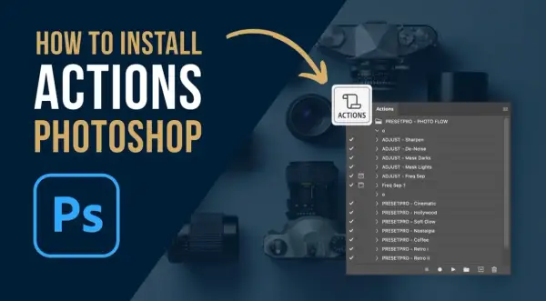 Learn how to install free Photoshop actions to enhance your photos. The image shows a Photoshop Actions panel with various presets.