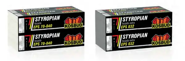 Dwa stosy płyt styropianowych EPS 70-040 i EPS 032 marki KOSBUD, gotowe do ocieplenia fasady.
